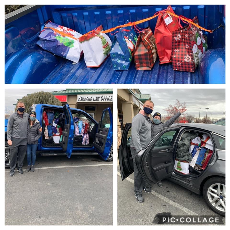 An image collage of many filled vehicles filled with gifts for drop off