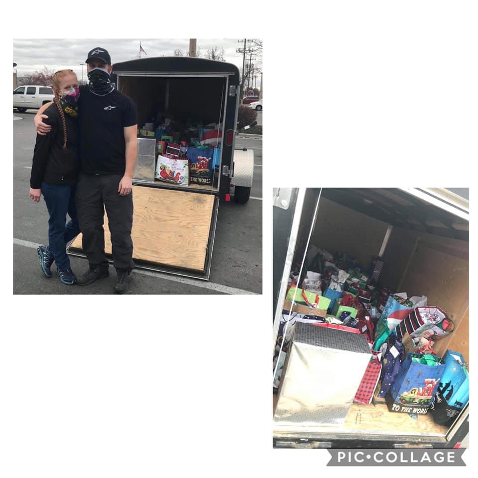 Pic collage of a filled trailer of gifts being dropped off to a facility